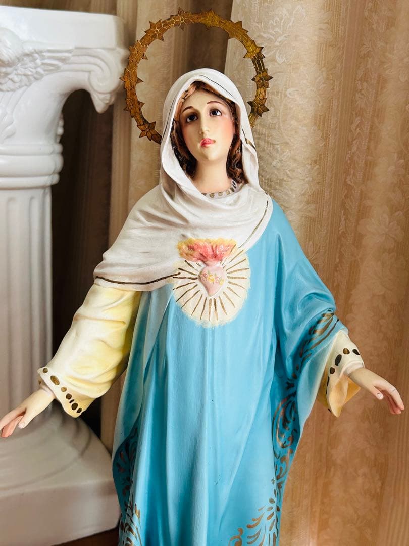 【超超希少52cm】✞ 両腕を広げる聖心の聖母マリア像　宗教彫刻　アンティーク