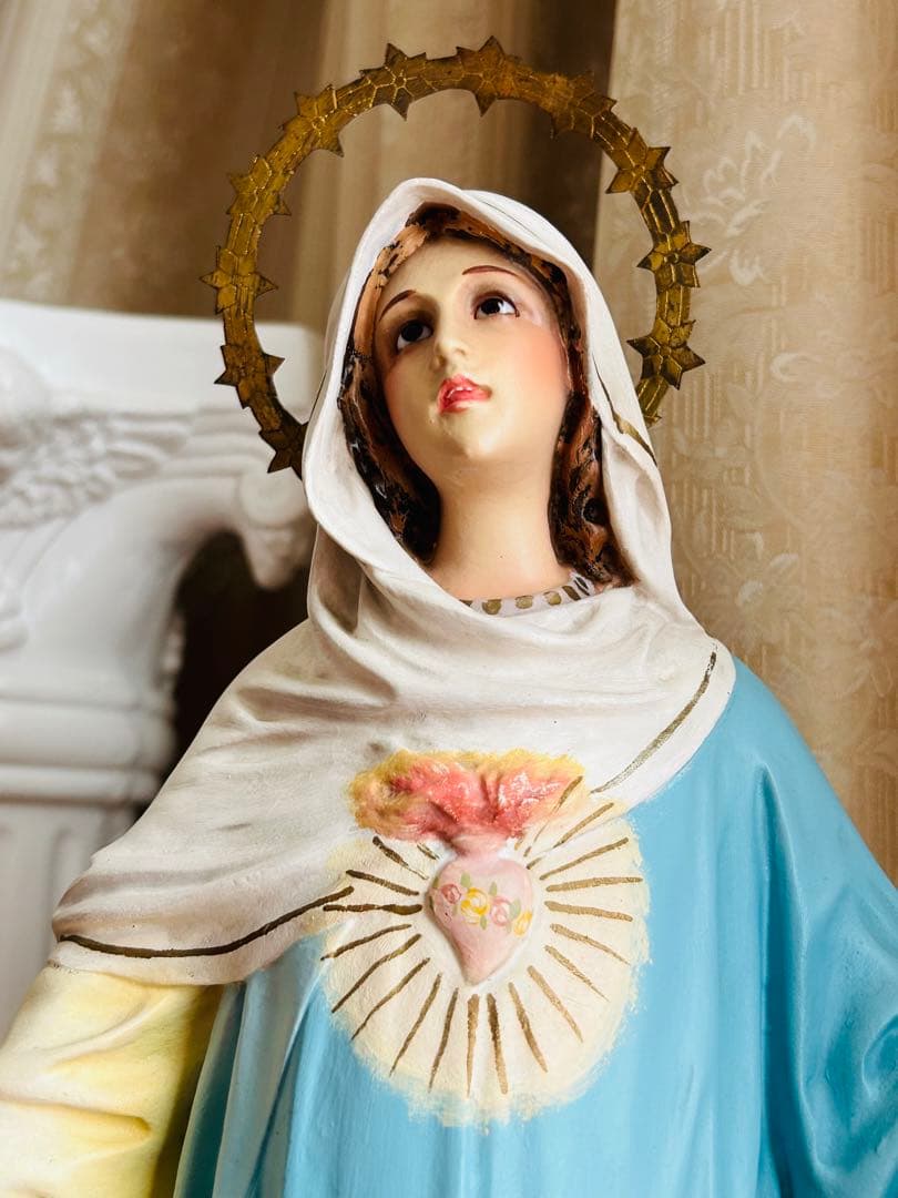 【超超希少52cm】✞ 両腕を広げる聖心の聖母マリア像　宗教彫刻　アンティーク