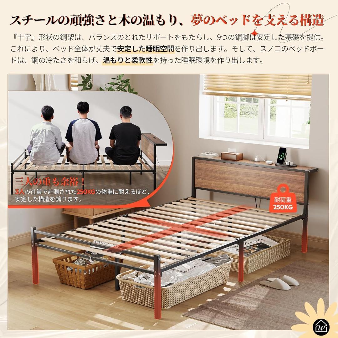 WLIVE ベッドフレーム 宮棚付き 2口コンセント すのこベッド セミダブル