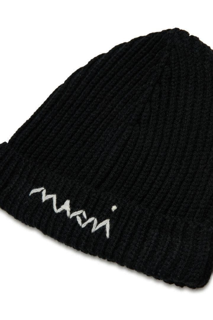 大人もOK! 新作!Marni 刺繍ロゴ リブ ニット帽 ニットキャップ BK
