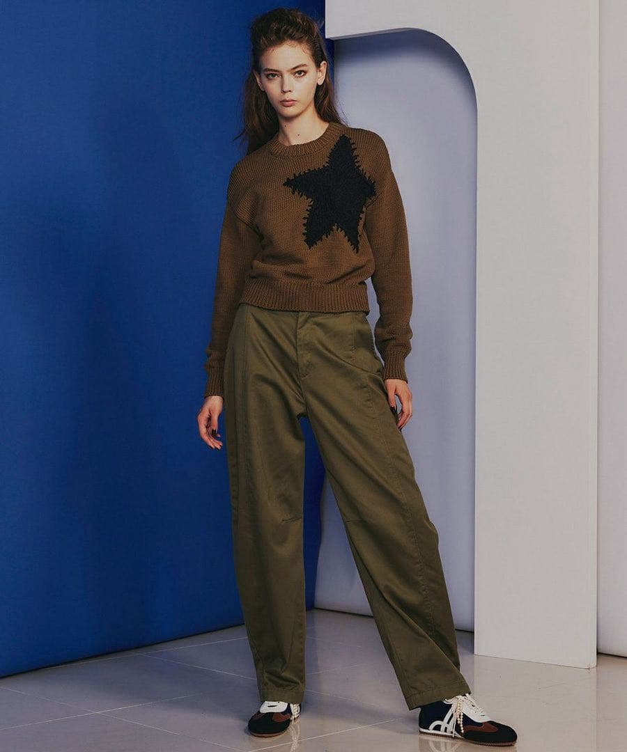 ダブルスタンダード スターモチーフニットセーター カーキ