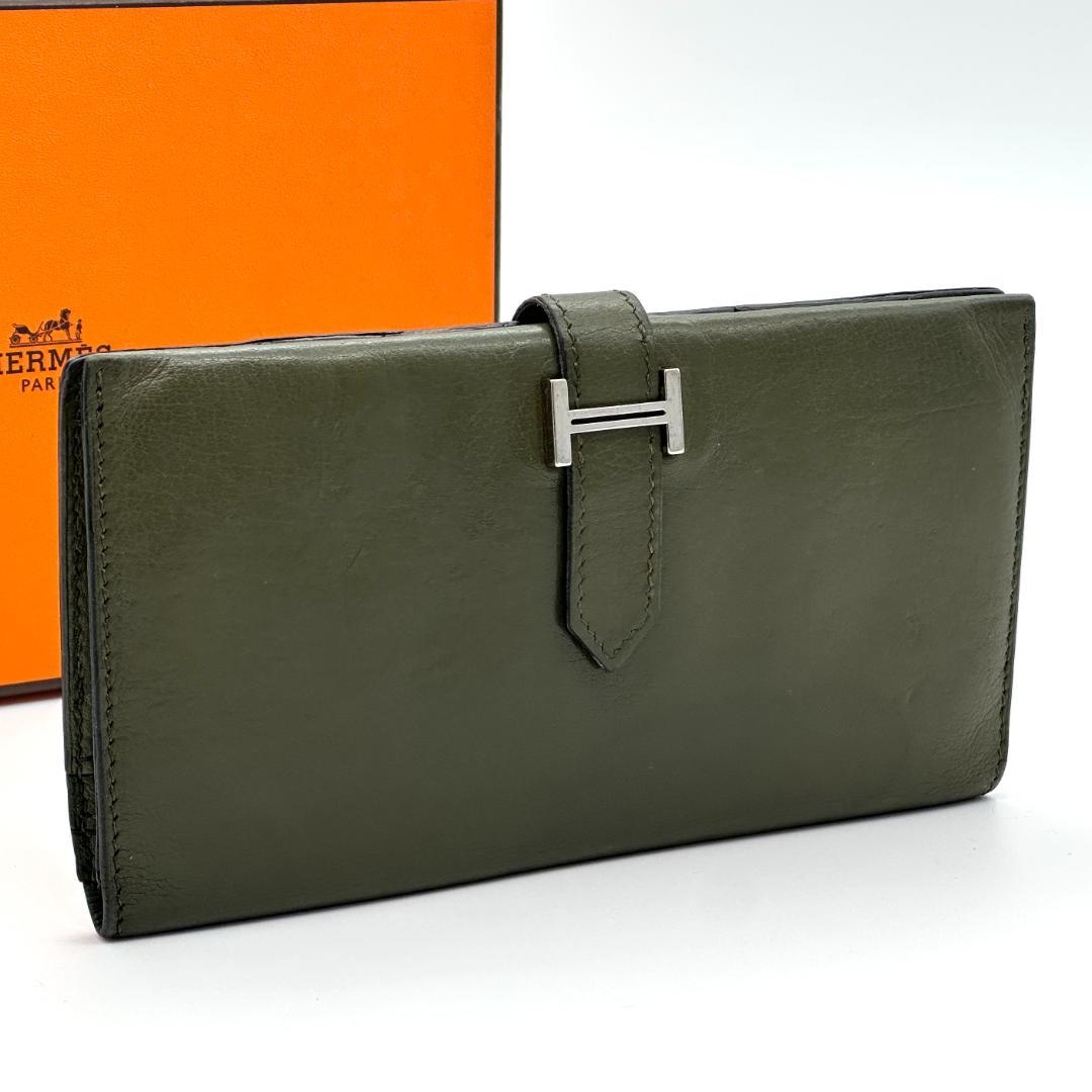 【美品】HERMES エルメス　べアンクラシック　カーキ　□E刻印　長財布
