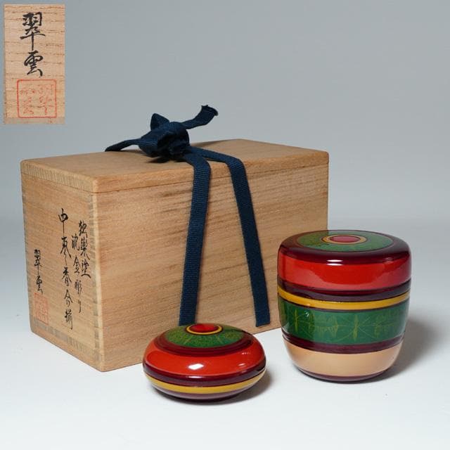 関翠雲　独楽塗沈金彫り中棗・香合揃　共箱　茶道具　茶器　漆器