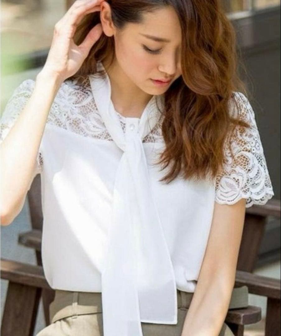 ANAYI アナイ　ジョーゼットレースボウタイ半袖ブラウス　ホワイト　38