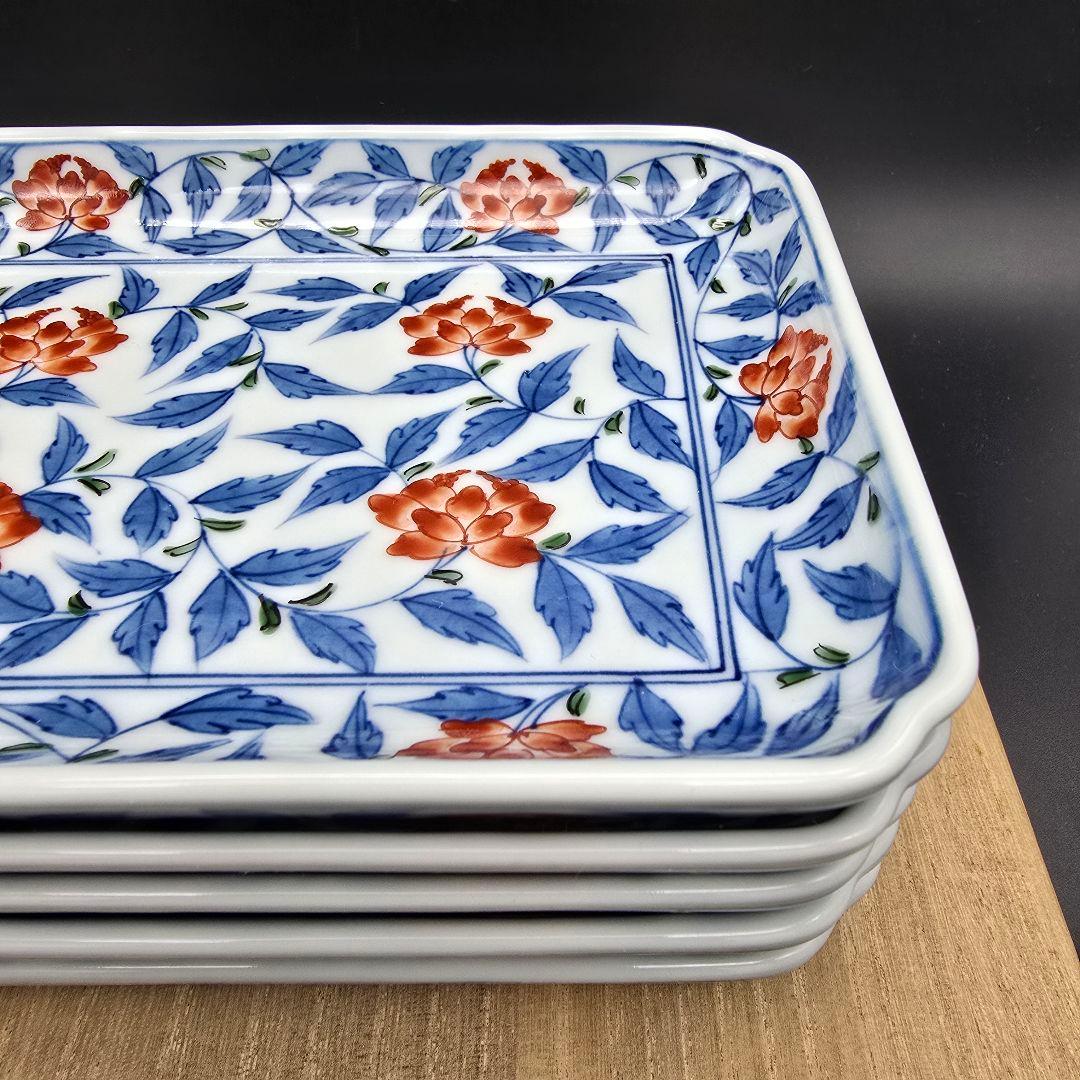 【美品】源右衛門窯 染錦花唐草　角皿 銘々皿 5枚組