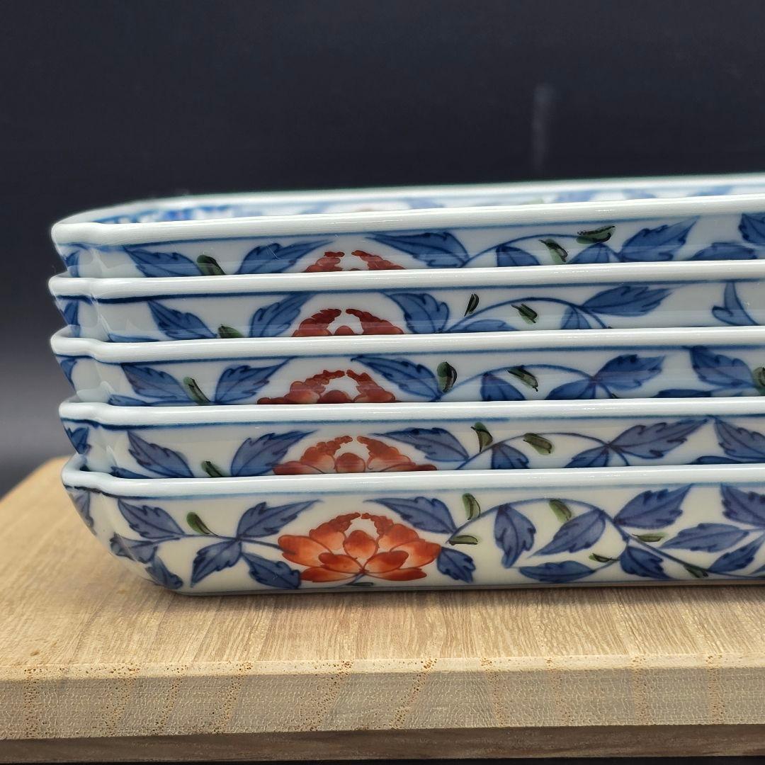 【美品】源右衛門窯 染錦花唐草　角皿 銘々皿 5枚組
