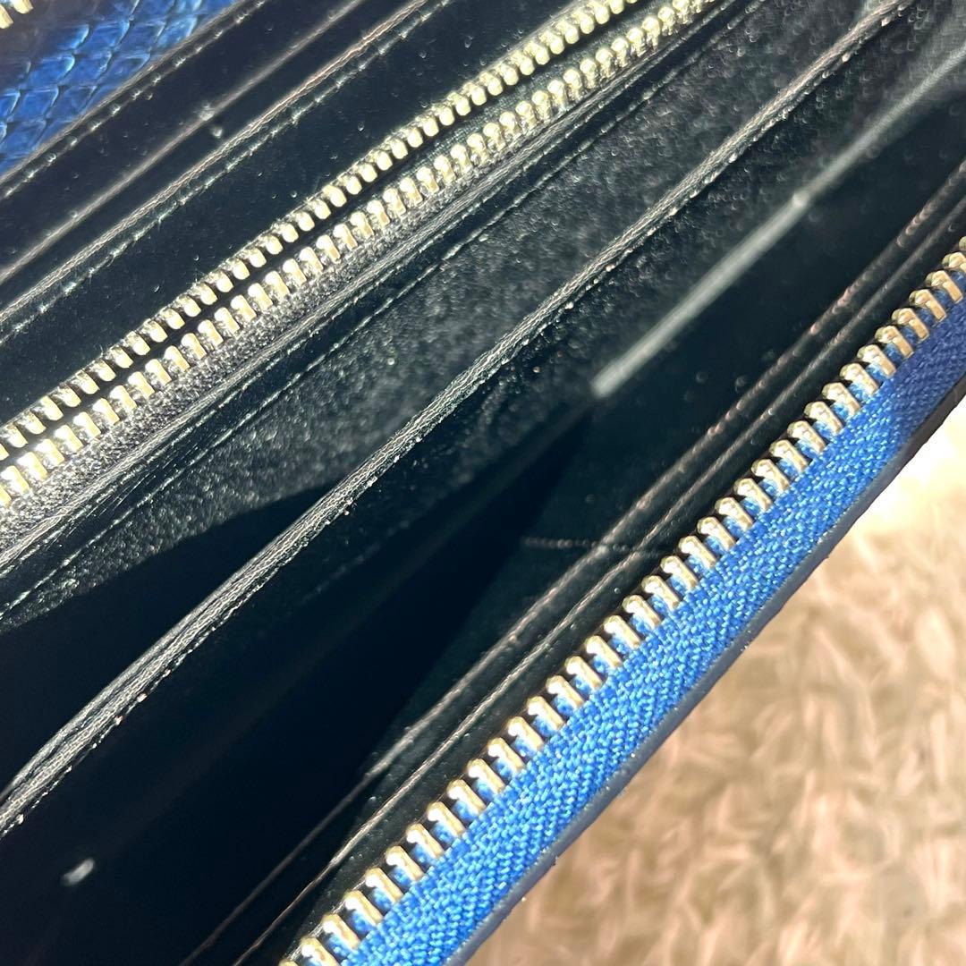 未使用級/本ヘビ革 ✨リアルパイソン 長財布 ラウンドジップ JRAタグ ブルー