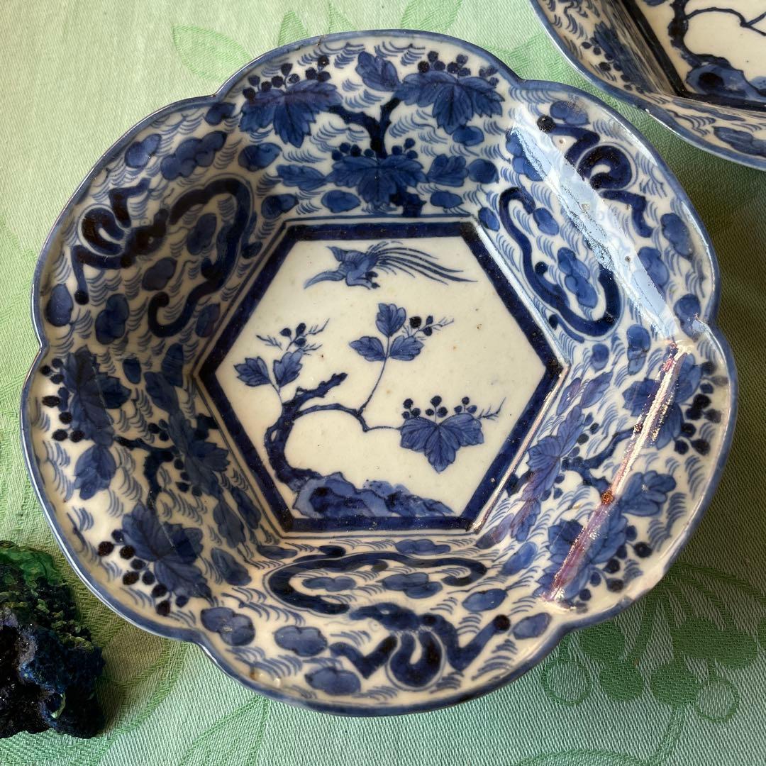 古伊万里　染付　桐　鳳凰　龍　変形皿　2客