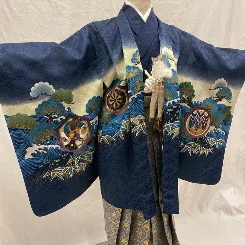 601ab53◎七五三 五歳 男児 着物&羽織&袴&角帯&長襦袢 淡鉄紺◎美品
