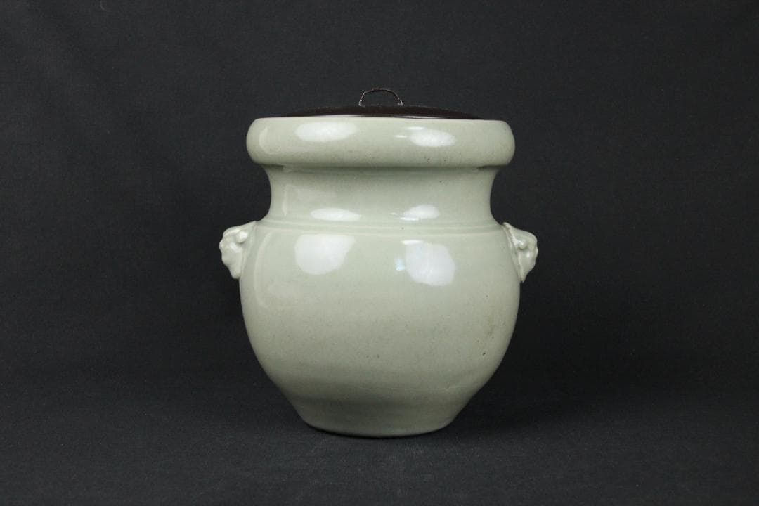 唐物　明～清　七官青磁　青瓷　耳付水指　茶道 　龍泉窯　FJ21-4