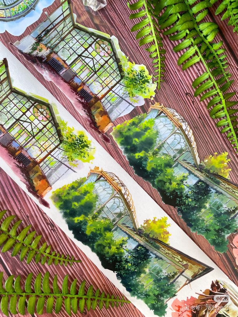 【9077】海外　マスキングテープ　5m巻　PETガラス屋根　アーチ窓　植物