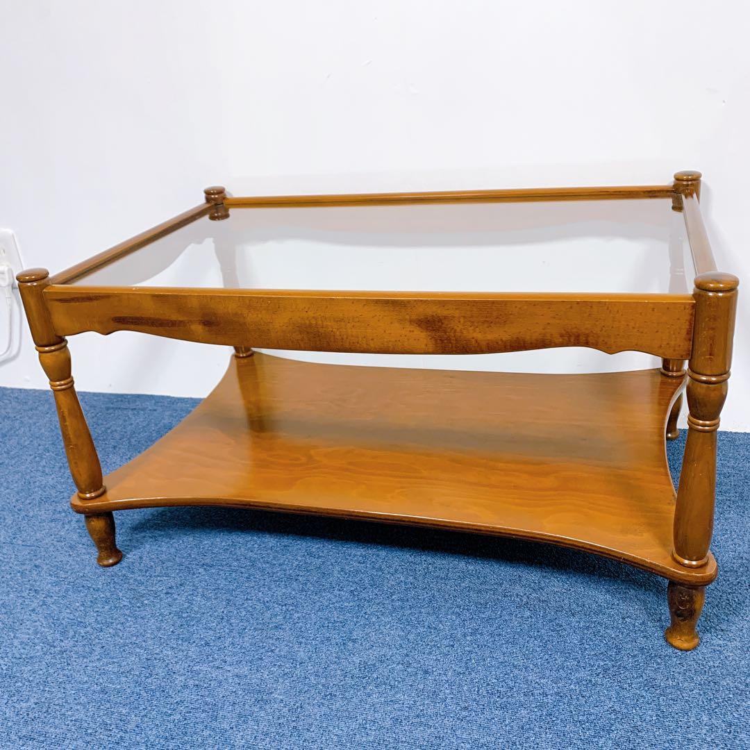 【稀少美品】アンティーク 木彫り ガラス ローテーブル 昭和レトロ