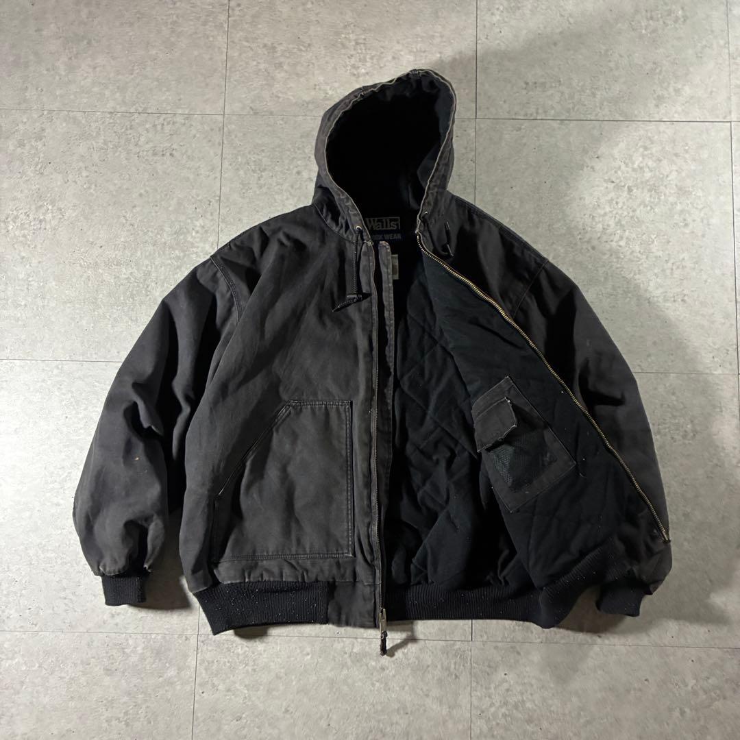 90s Walls中綿ダックアクティブジャケット黒フェードブラック短丈ストリート