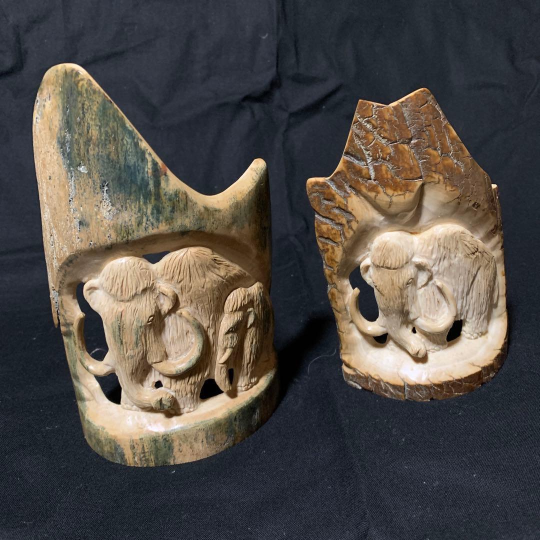 マンモスの牙にマンモスの彫刻 古美術 年代物