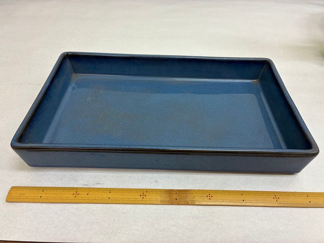 青い陶器製　水盤　花器　長方形