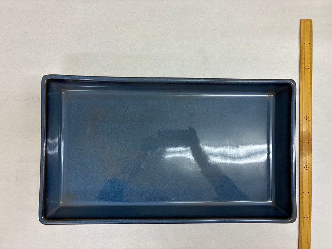 青い陶器製　水盤　花器　長方形