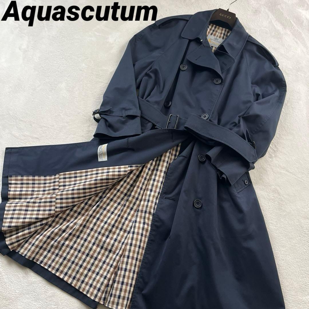 ★アクアスキュータム　トレンチコート　ネイビー　クラブチェック　ベルト