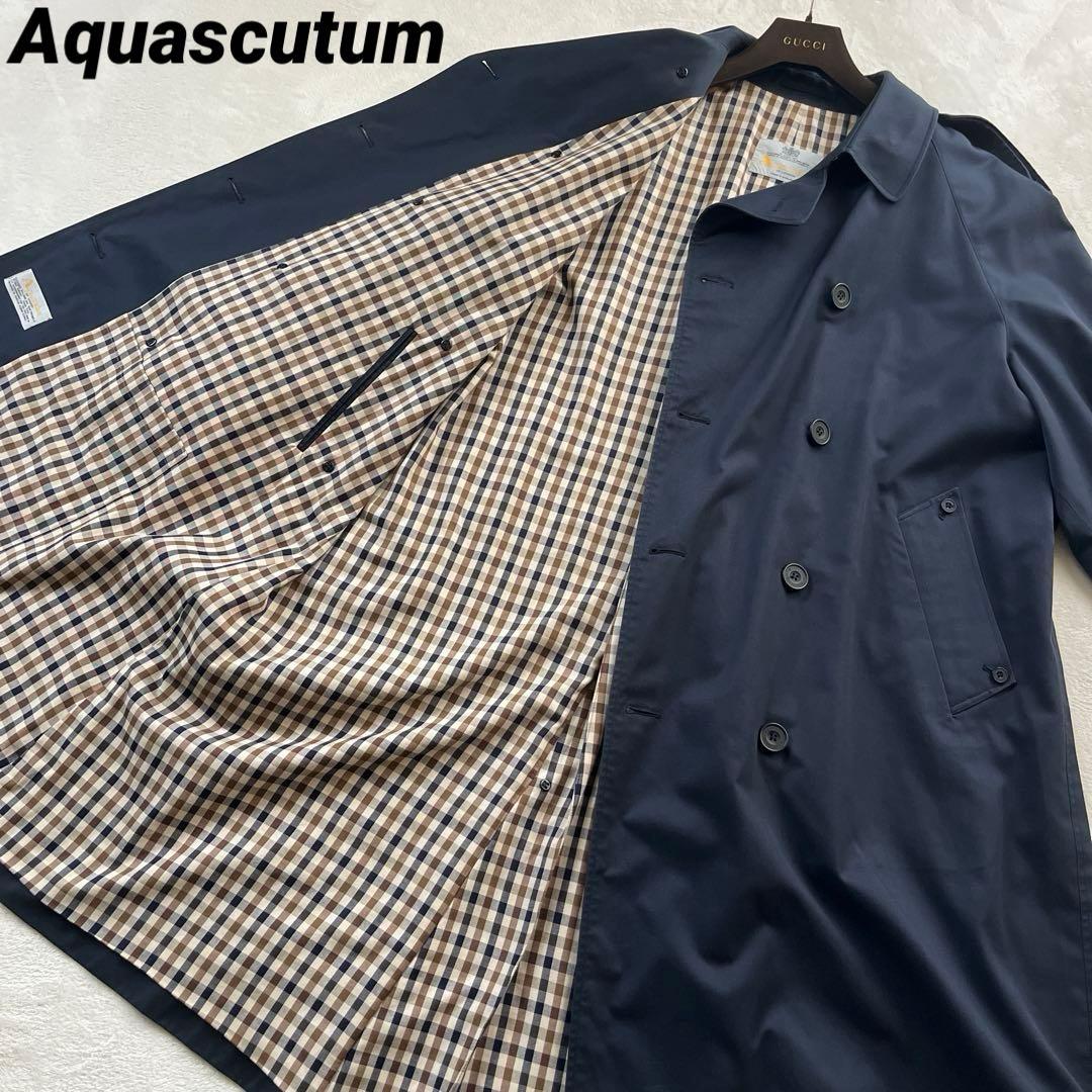 ★アクアスキュータム　トレンチコート　ネイビー　クラブチェック　ベルト
