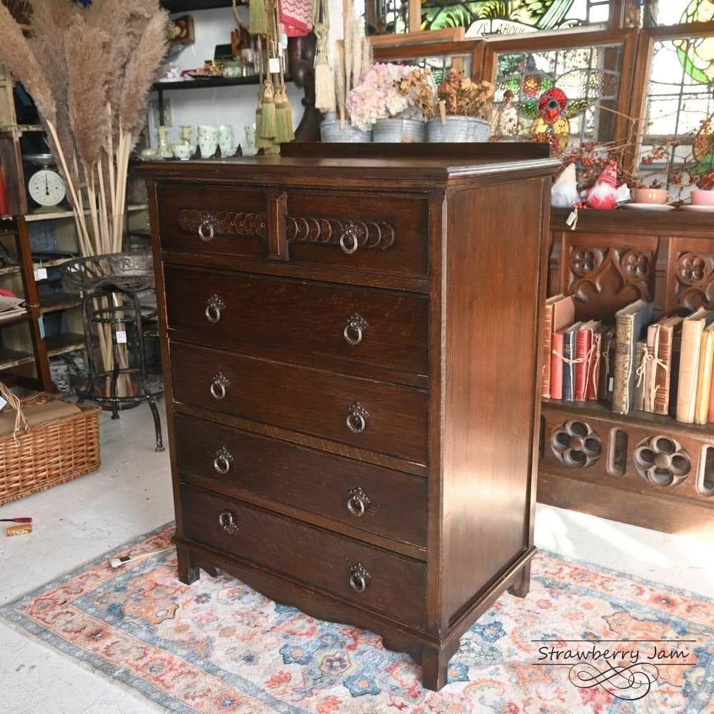 L3710-97 英国アンティーク オーク チェスト 5段 引き出し 収納 什器