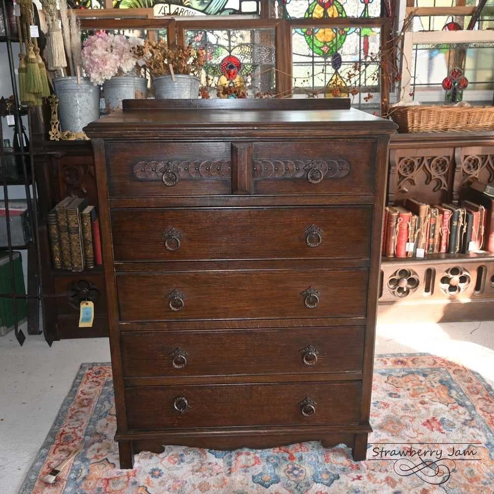 L3710-97 英国アンティーク オーク チェスト 5段 引き出し 収納 什器