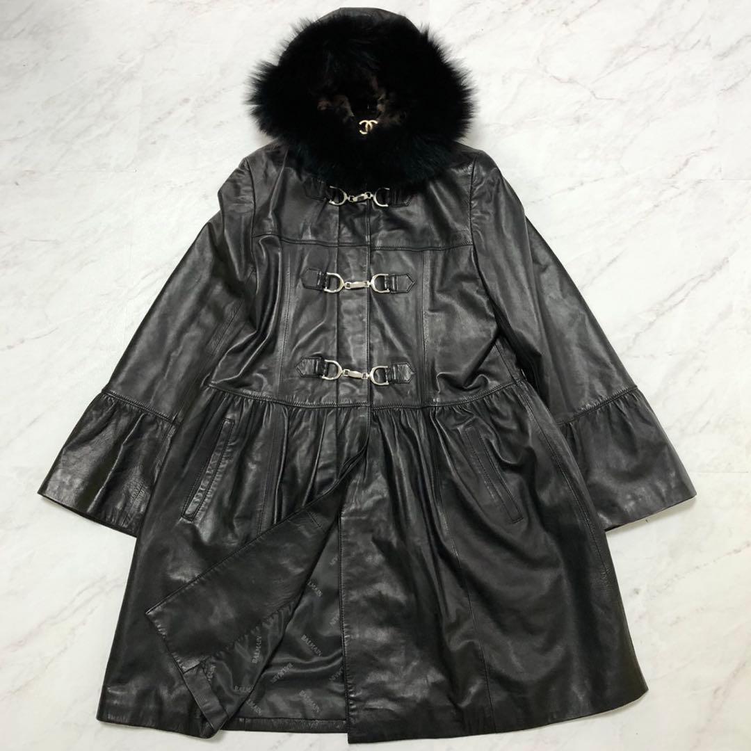 ✨極美品✨バルマン ロングコート 2way オールレザー 羊革 フォックス 黒