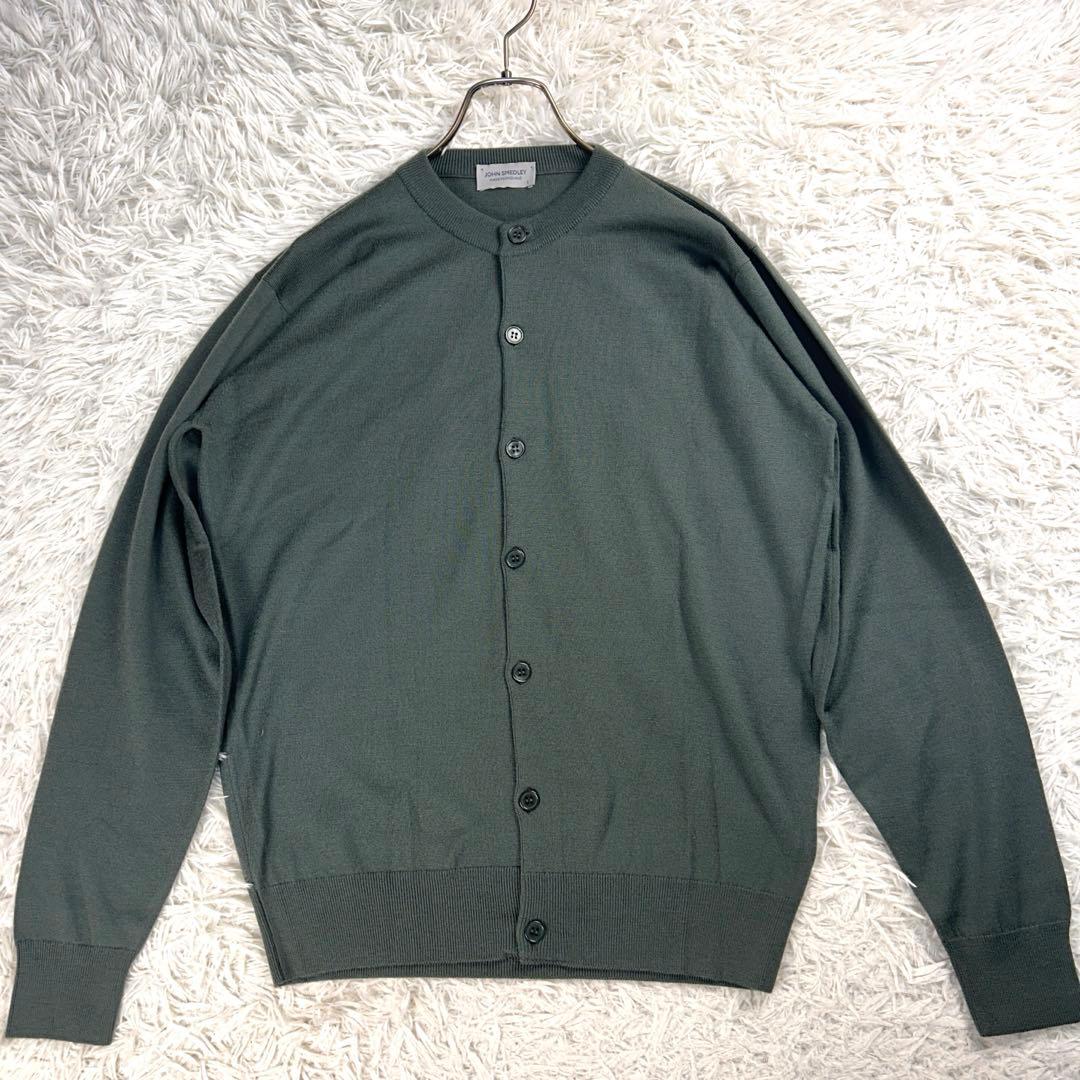 【美品・現行】ジョンスメドレー カーディガン　グリーン　S　丸首　メリノウール