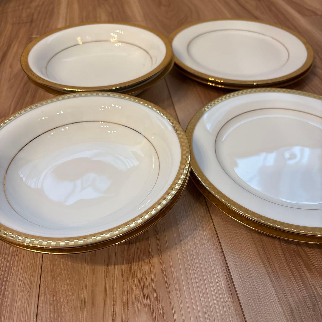 【美品】ノリタケ コンテンポラリー 金彩 格子柄 皿 8枚セット（各4客）