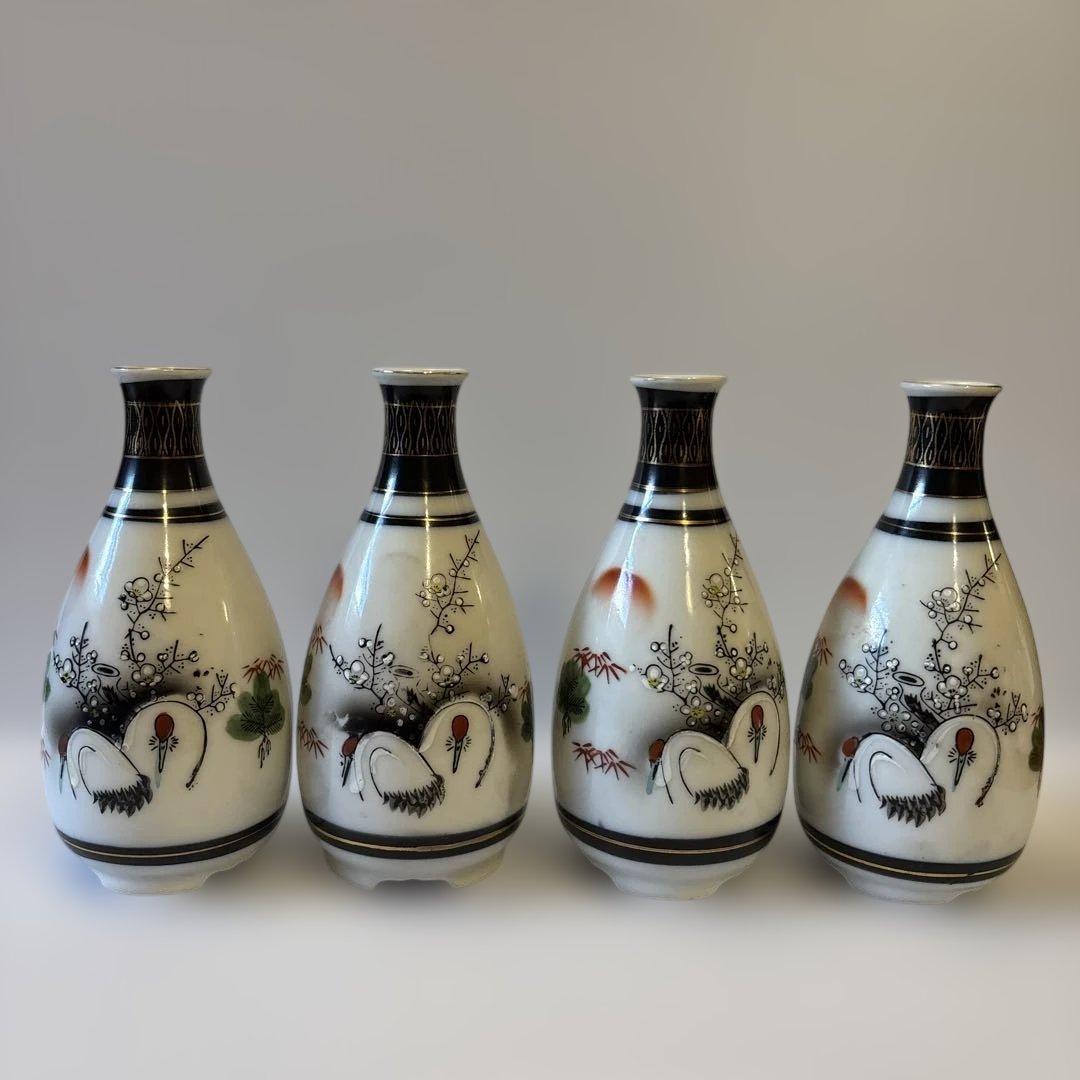 九谷焼 徳利 【4本セット】鶴 松竹梅文 金彩 酒器 底印あり とっくり