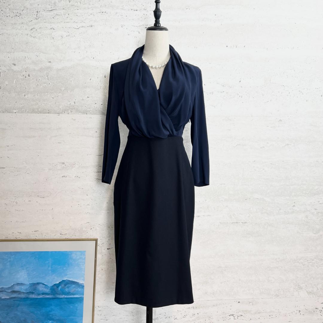 極美品★KITON★シルク★ドレープ★異素材★濃紺★ワンピース