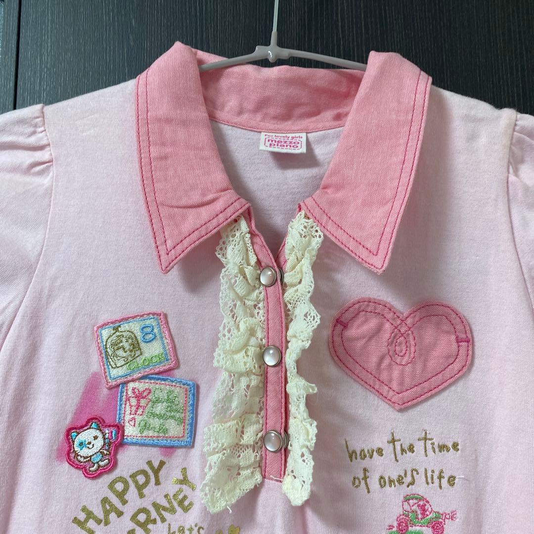 メゾピアノピンク 半袖ワンピース ハート刺繍