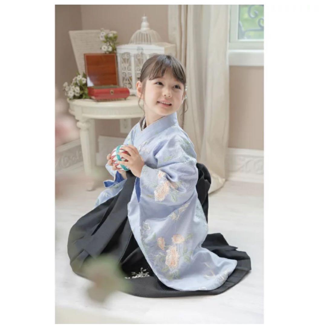 【risa】花柄刺繍チュールレース袴セット⭐︎ブルー黒袴　120㎝