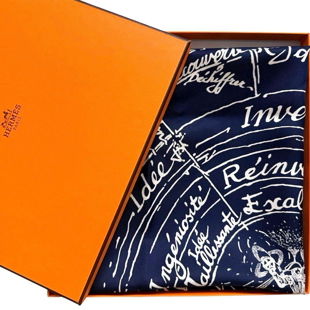 希少 美品 神秘的 エルメス シルクスカーフ イデアの誕生 シック ゴールド 紺