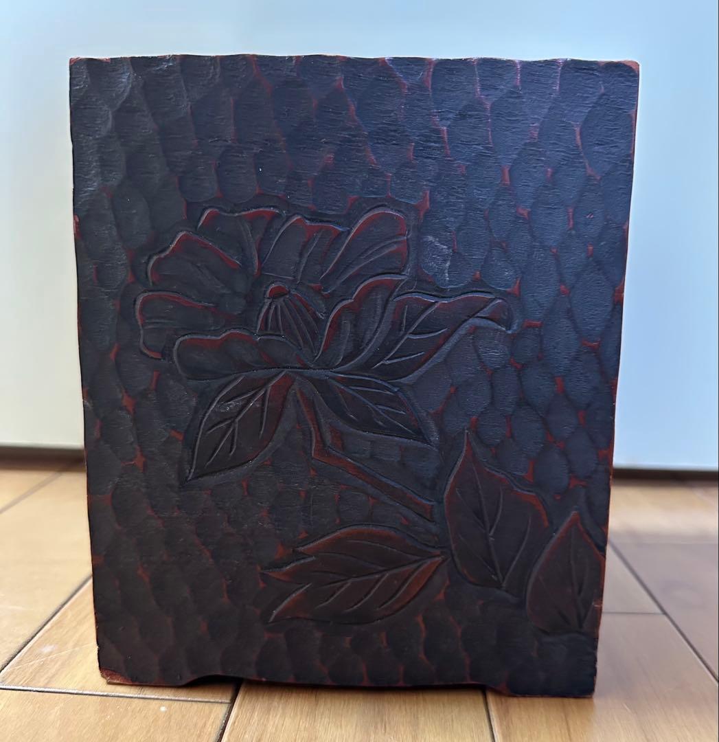 天然木 木製 彫刻 ゴミ箱(チリ箱)15cm×15cm×18cm 年代物 レトロ