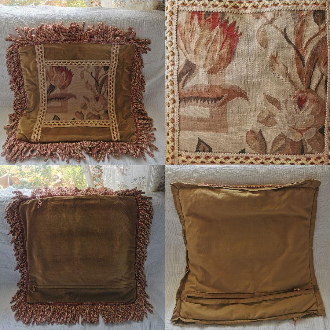 アンティーク 薔薇とチューリップ オービュッソン織クッションカバー美しいフリンジ