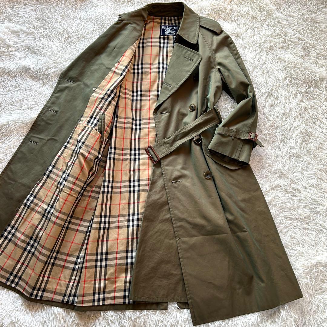 【外観美品】バーバリー　トレンチコート　ロング丈　メンズ　タマムシ　M相当