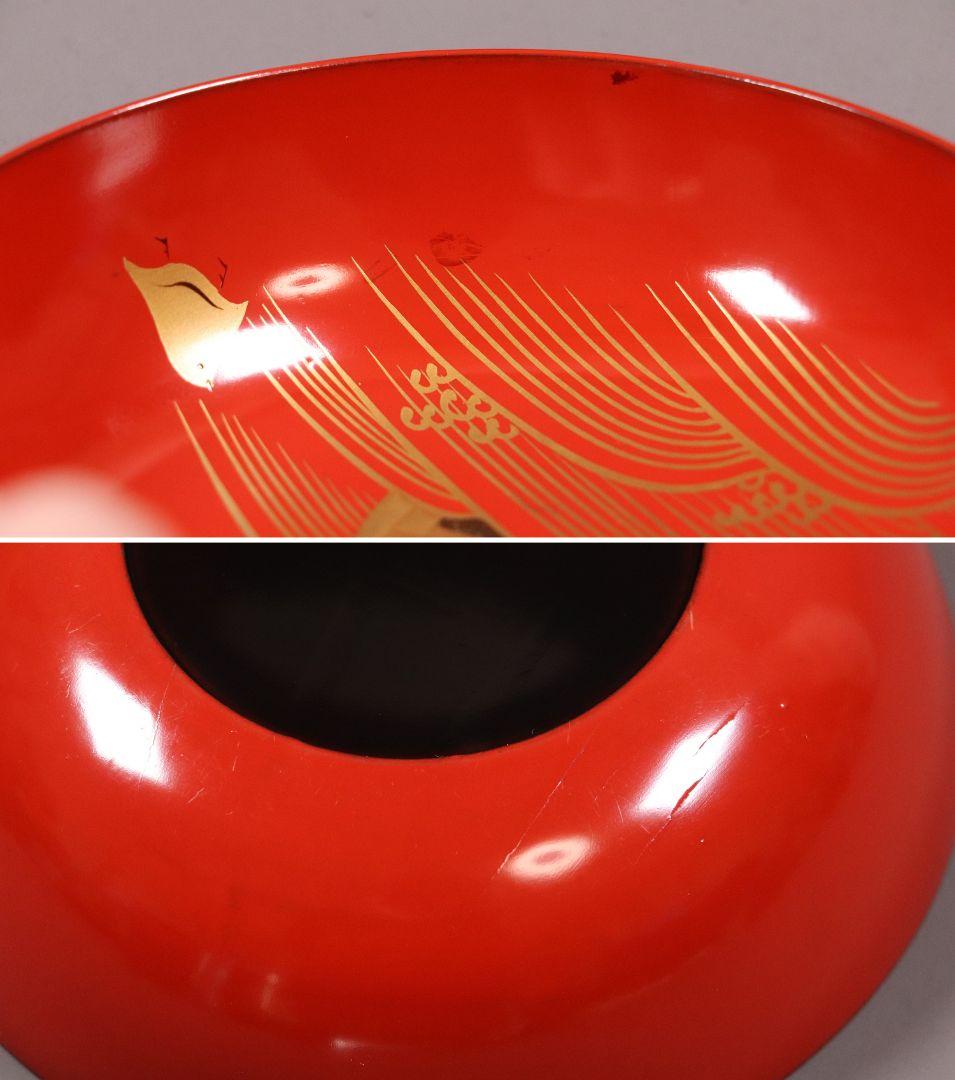 時代輪島塗 蒔絵付朱塗木皿 十九客 波千鳥 片輪車 金蒔絵 天然木【MA368】