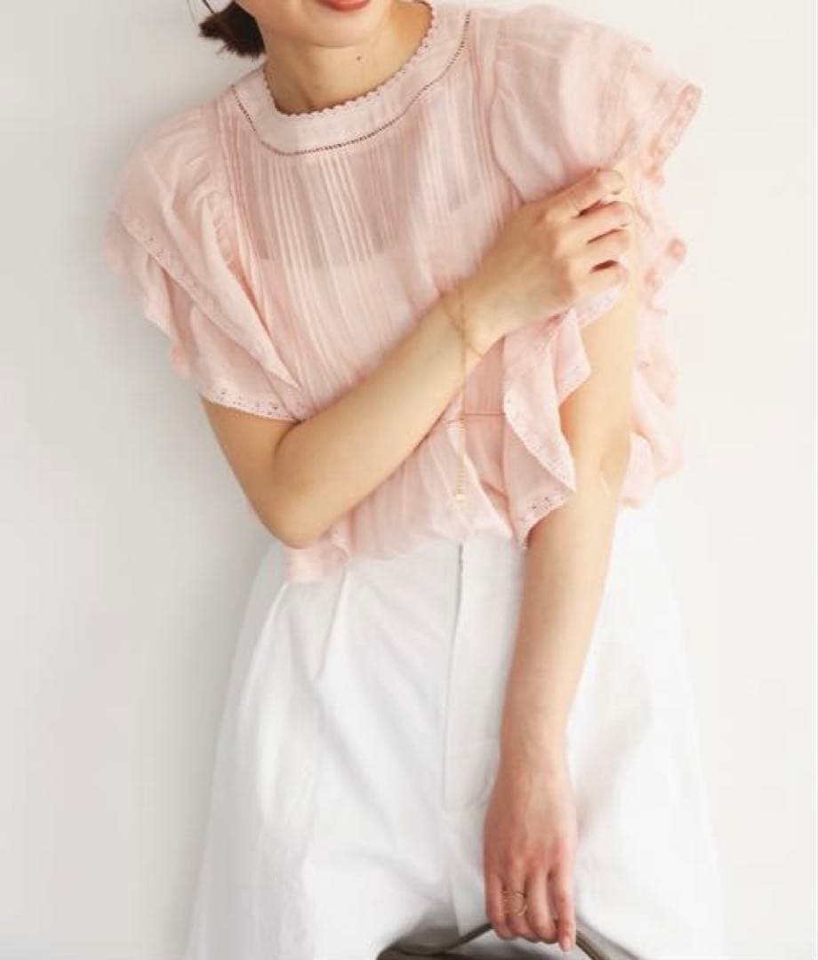 スローブイエナ　 ラミーフリルピンタックブラウス　リネン　レース　半袖