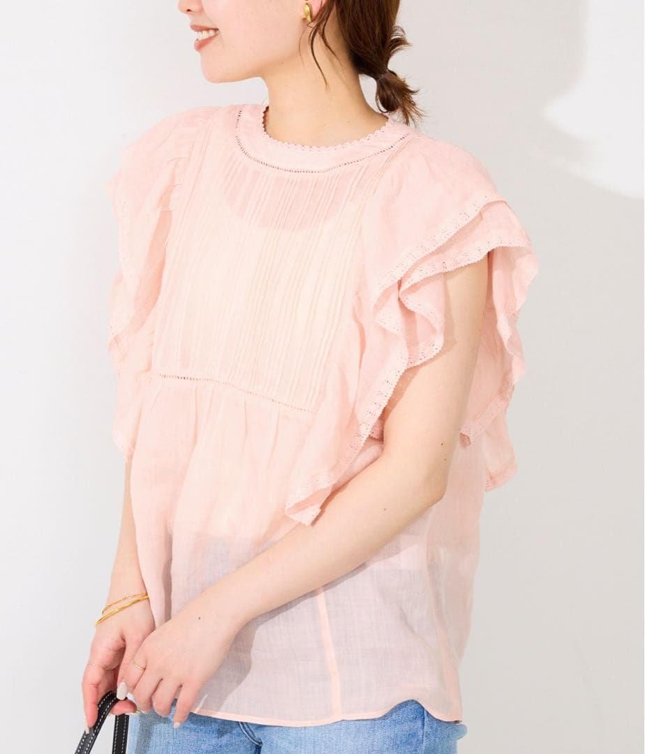 スローブイエナ　 ラミーフリルピンタックブラウス　リネン　レース　半袖