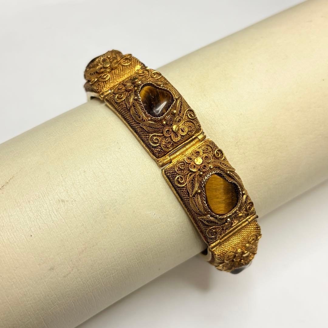 中国七宝 SILVER 銀線細工 タイガーアイ付 シルバーブレスレット バングル