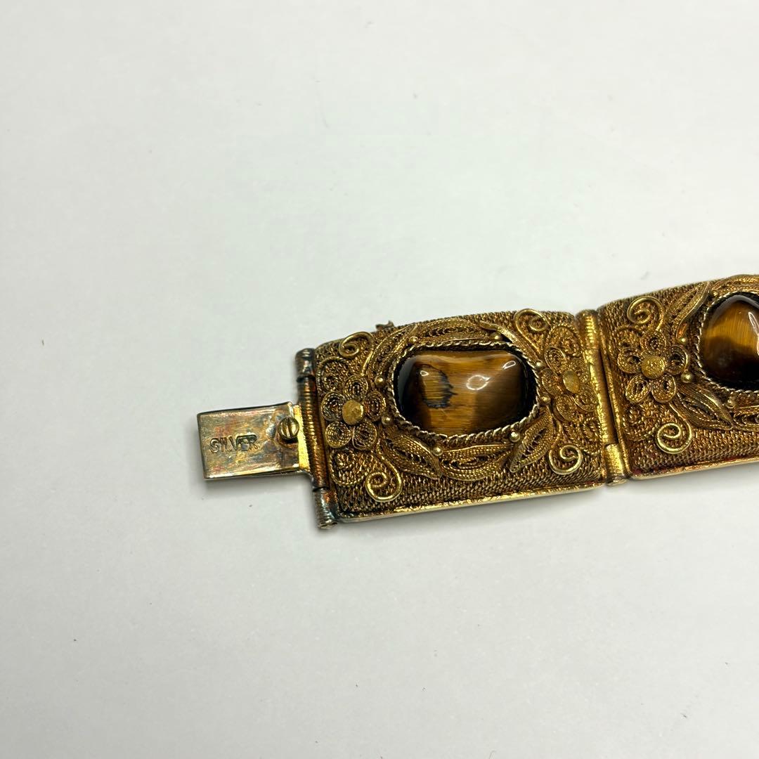 中国七宝 SILVER 銀線細工 タイガーアイ付 シルバーブレスレット バングル