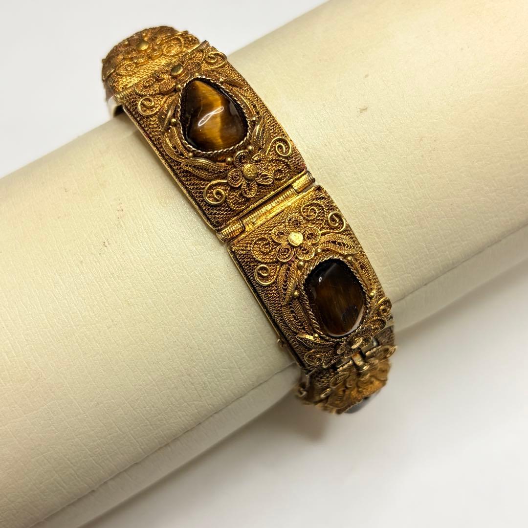 中国七宝 SILVER 銀線細工 タイガーアイ付 シルバーブレスレット バングル