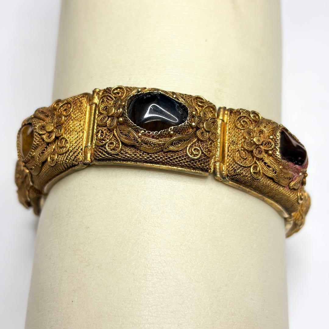 中国七宝 SILVER 銀線細工 タイガーアイ付 シルバーブレスレット バングル