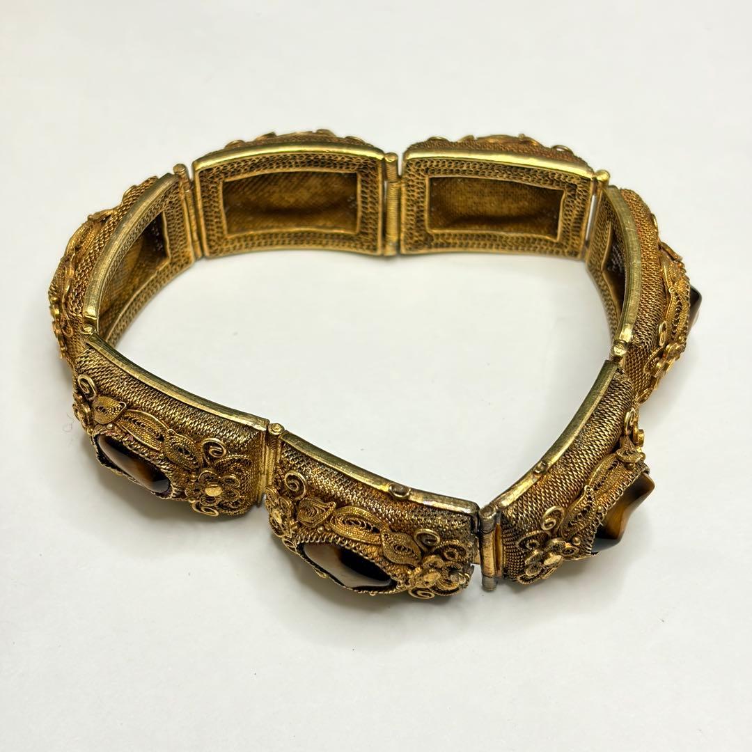 中国七宝 SILVER 銀線細工 タイガーアイ付 シルバーブレスレット バングル