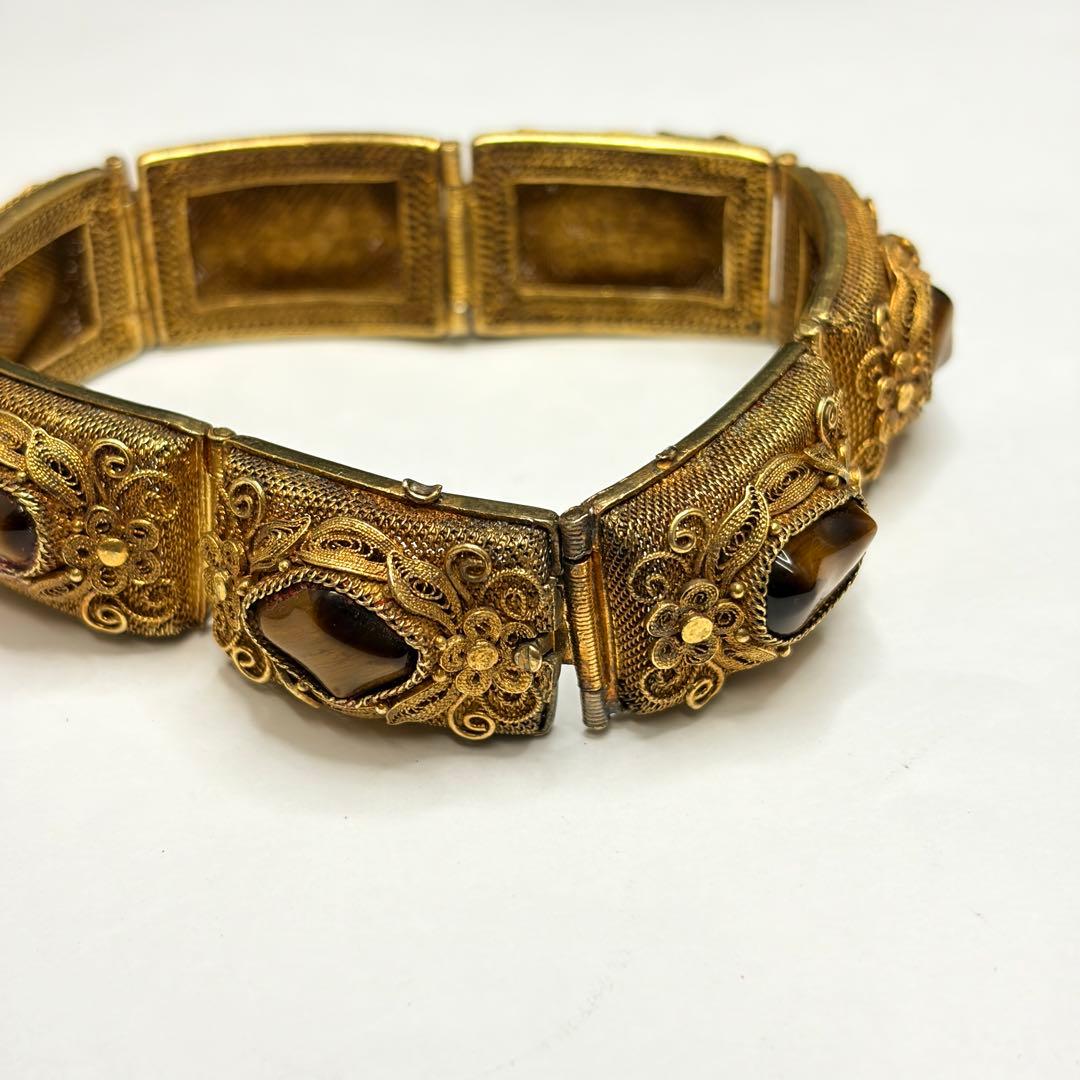 中国七宝 SILVER 銀線細工 タイガーアイ付 シルバーブレスレット バングル