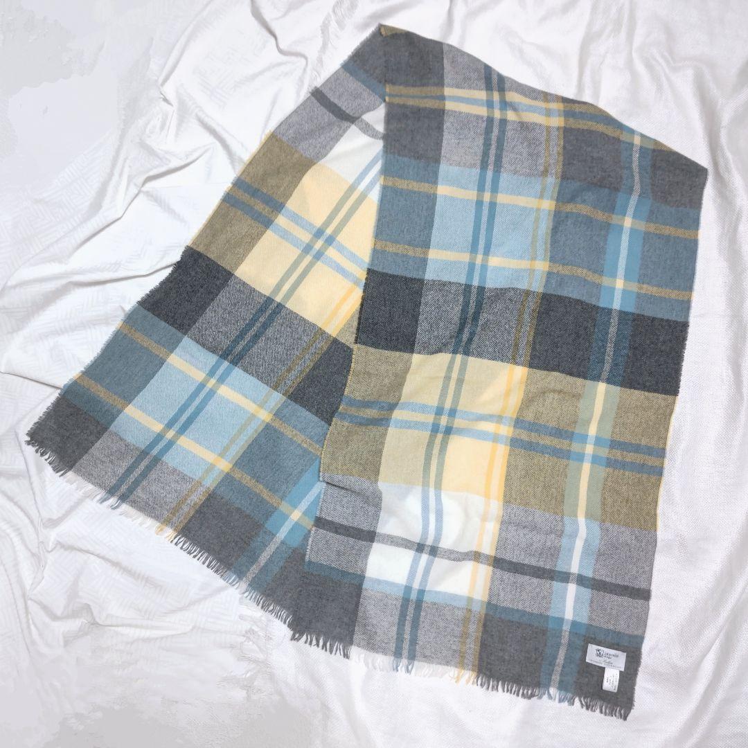 レリアンJOHNSTONSジョンストンズ100%カシミヤ小判チェックストール青黄