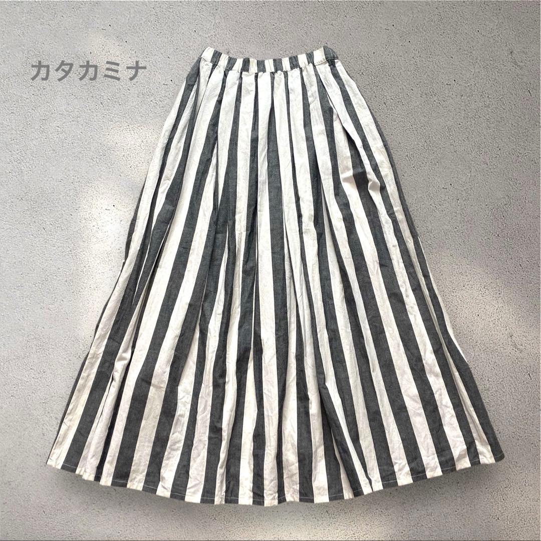 美品✨カタカミナ　グレー　ストライプ　ロングスカート　マキシ丈　フリーサイズ