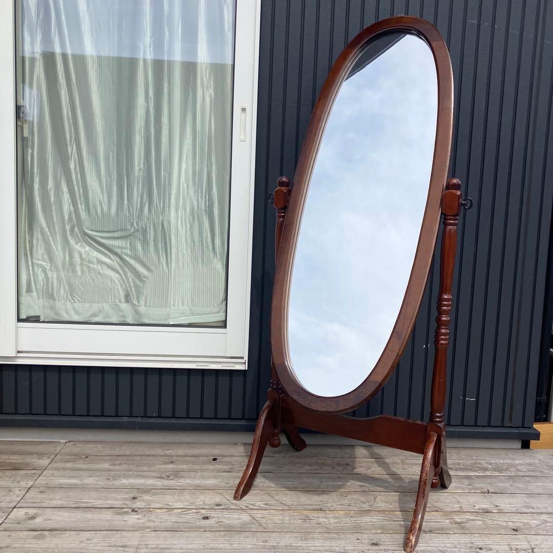 昭和レトロ 英国クラシック オーバル型 木製スタンドミラー 脚付き 全身鏡古道具