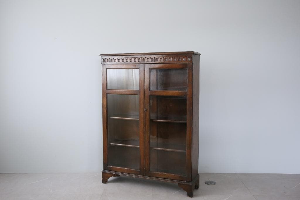 英国アンティーク木製ブックケースキャビネット/本棚/食器棚/飾り棚(92-3)