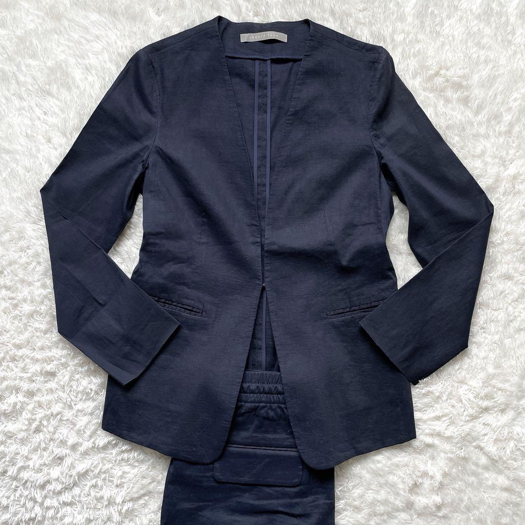 ぬぬ セオリーリュクス リネン ノーカラー セットアップ M ネイビー