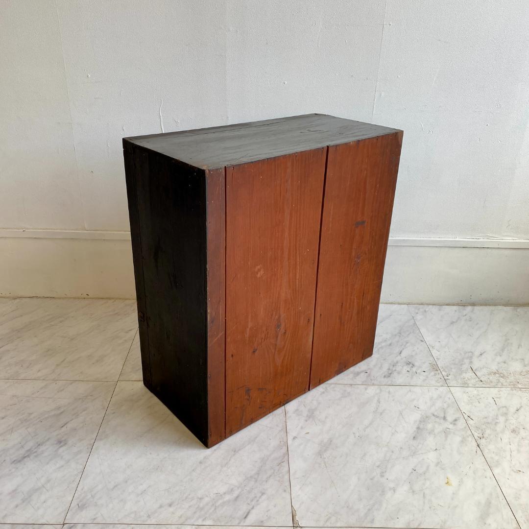 昭和レトロ ガラス戸 収納棚 黒枠 キャビネット 引き出し付き 古道具 食器棚